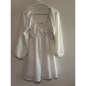 NWT Altar State White Square Neck Long Sleeve Gathered Waist Mini Dress Size S